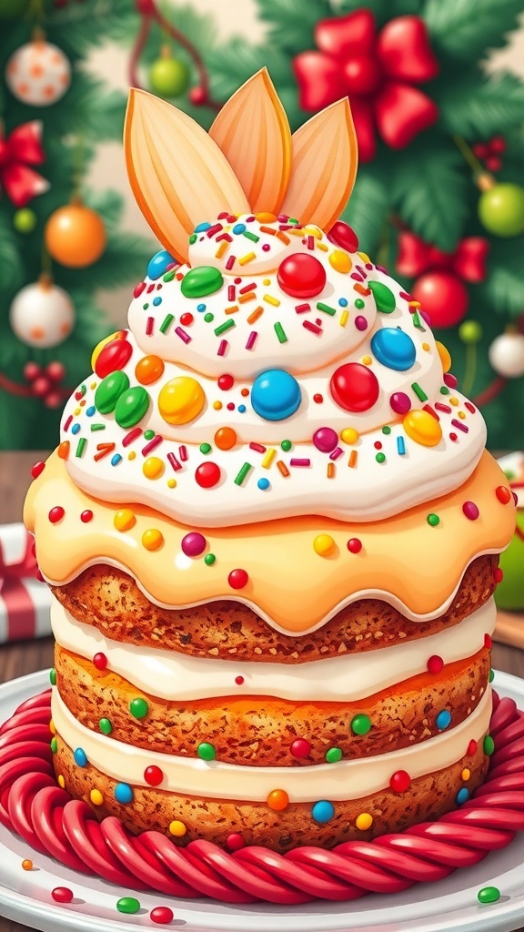 A festive Christmas cake with colorful frosting and cartoonish decorations, surrounded by holiday decor.